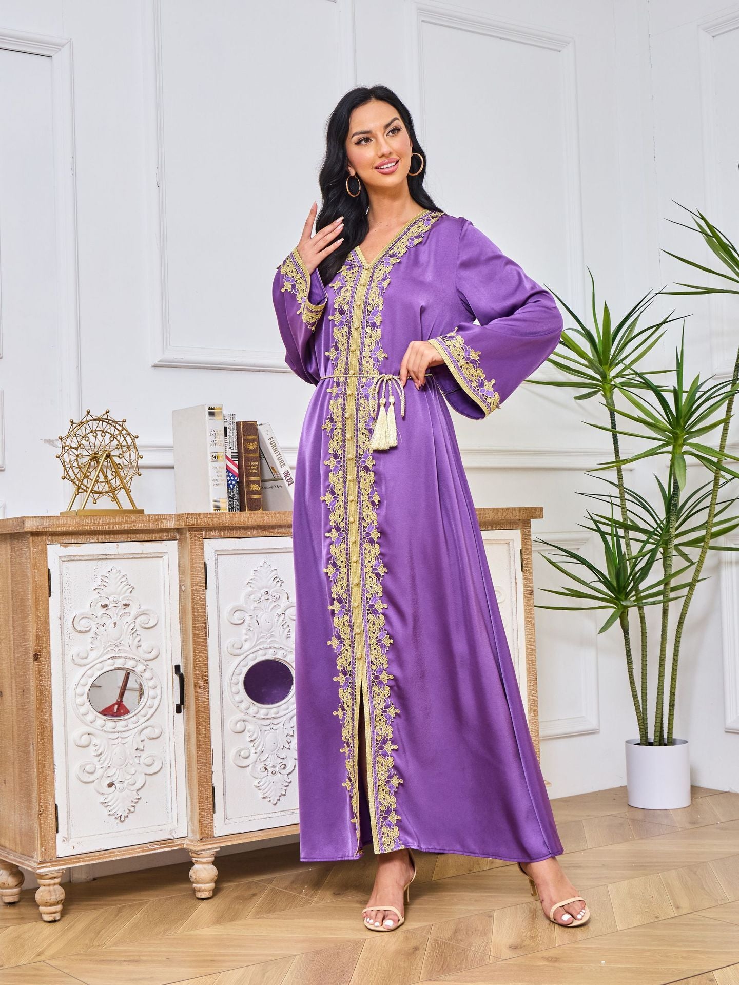 Loose Purple Maxi With Gold Embroidery