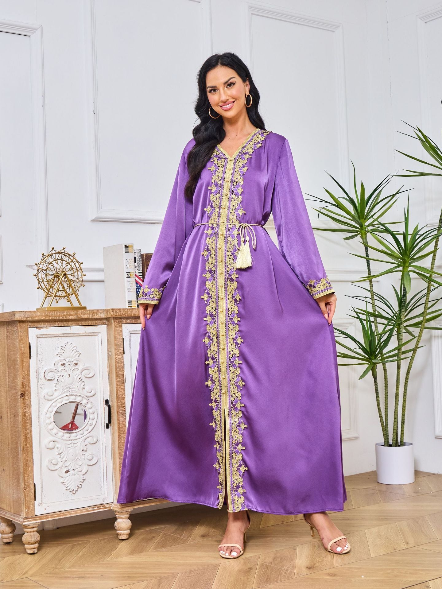 Loose Purple Maxi With Gold Embroidery