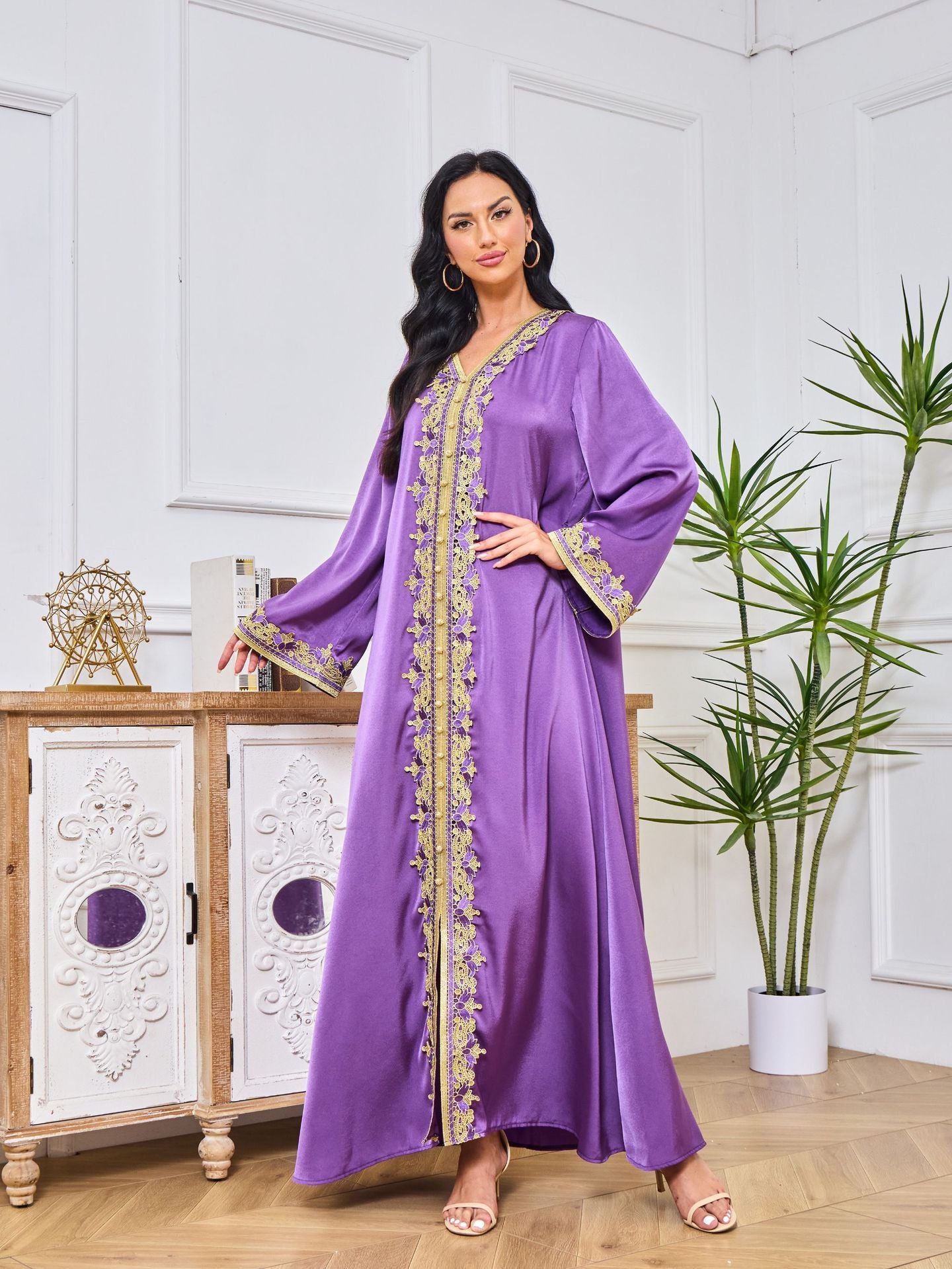 Loose Purple Maxi With Gold Embroidery