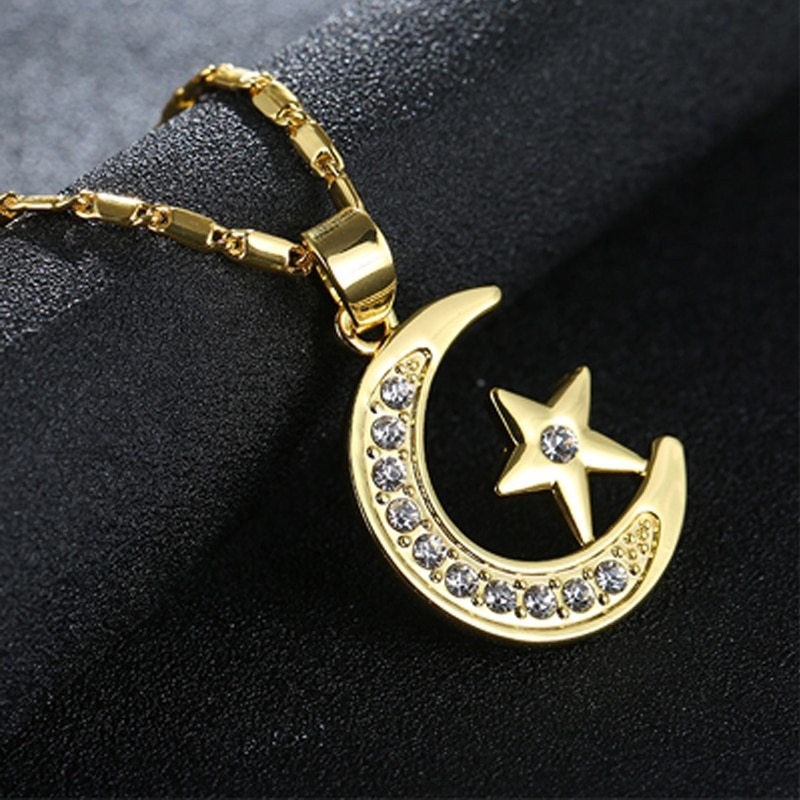 Muslim Crescent Pendant Necklace Silver Gold Color Cubic Zirconia CZ Islam Moon Star Jewelry Women Gift