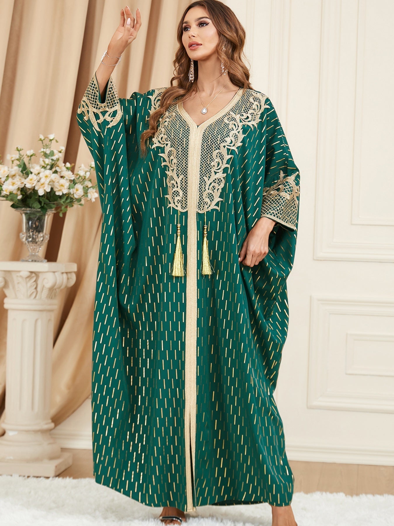 Green Maxi Dress With Gold Ebellishments