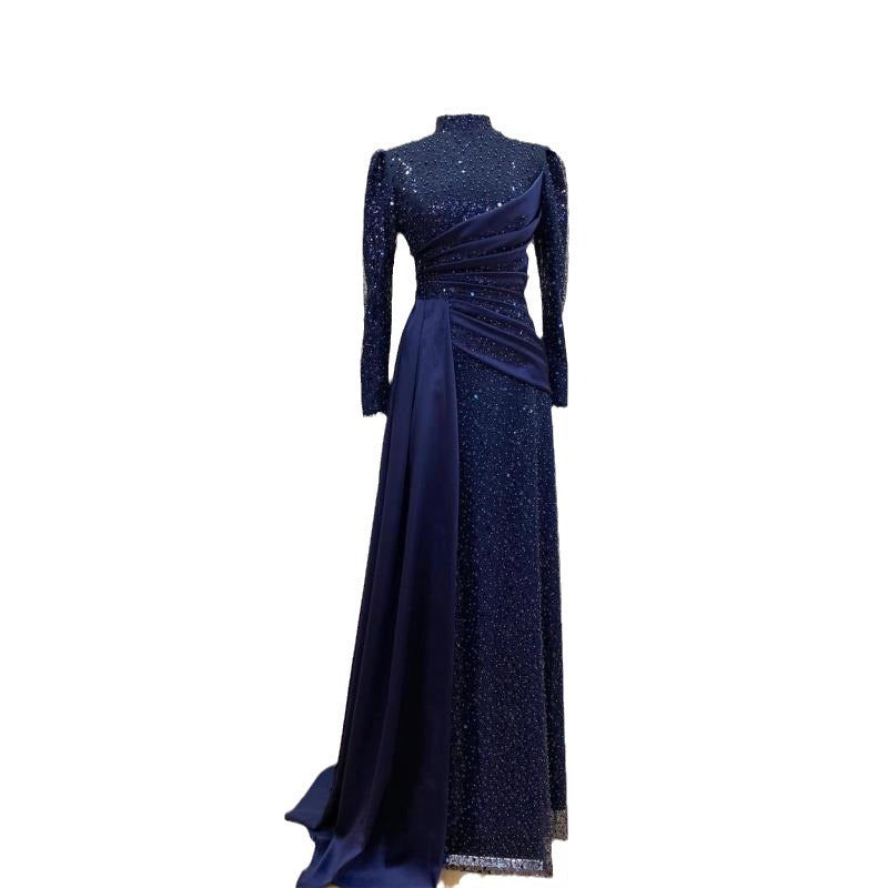 Hui Muslim Islamic Stand Collar All-inclusive Long Sleeve Sequin Lace Slimming Evening Dress