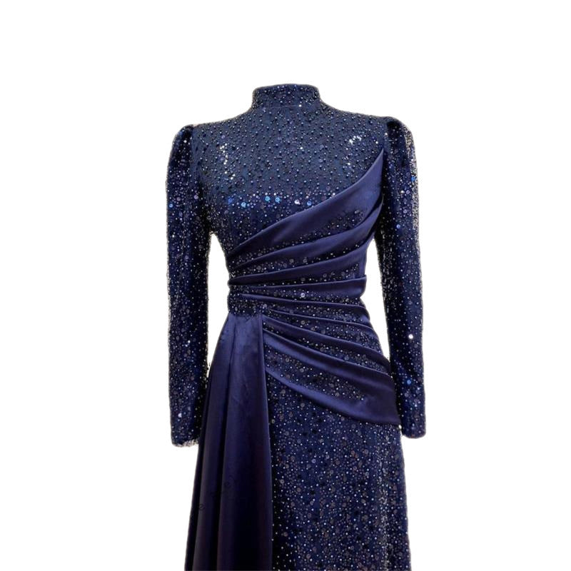 Hui Muslim Islamic Stand Collar All-inclusive Long Sleeve Sequin Lace Slimming Evening Dress