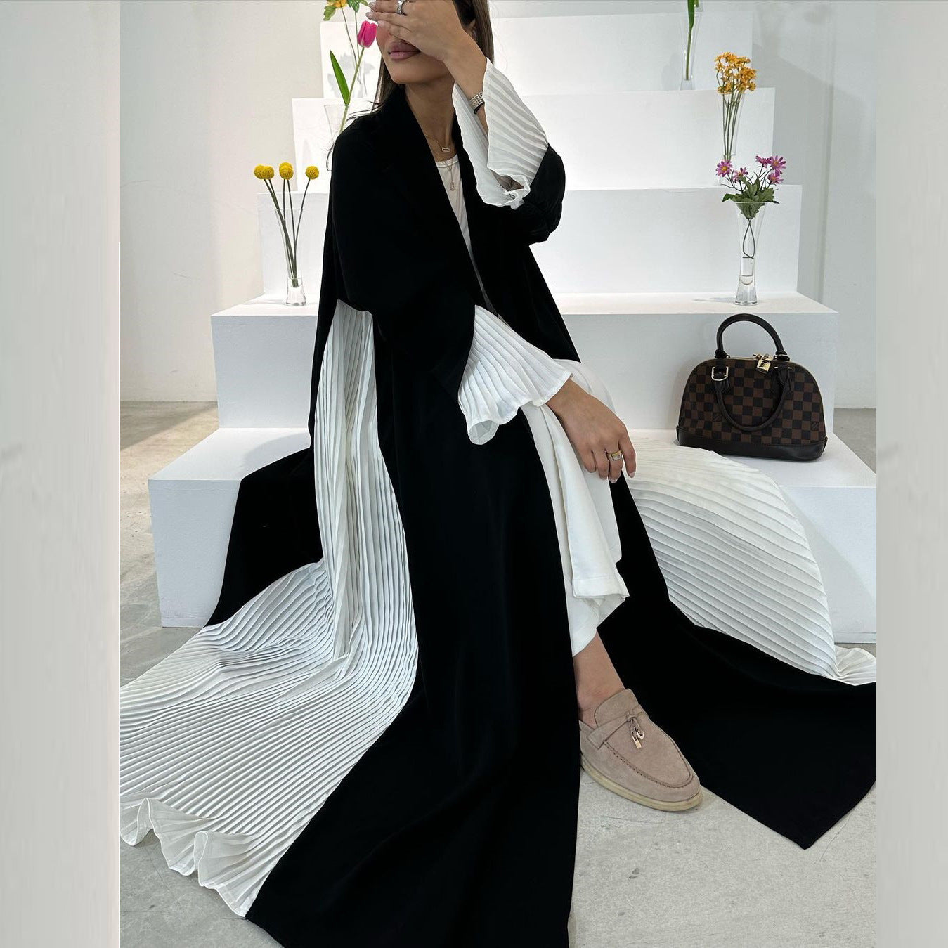 Pleated Black & White Maxi Dress