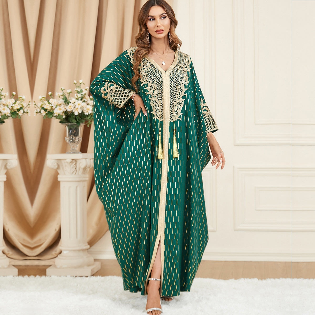 Green Maxi Dress With Gold Ebellishments