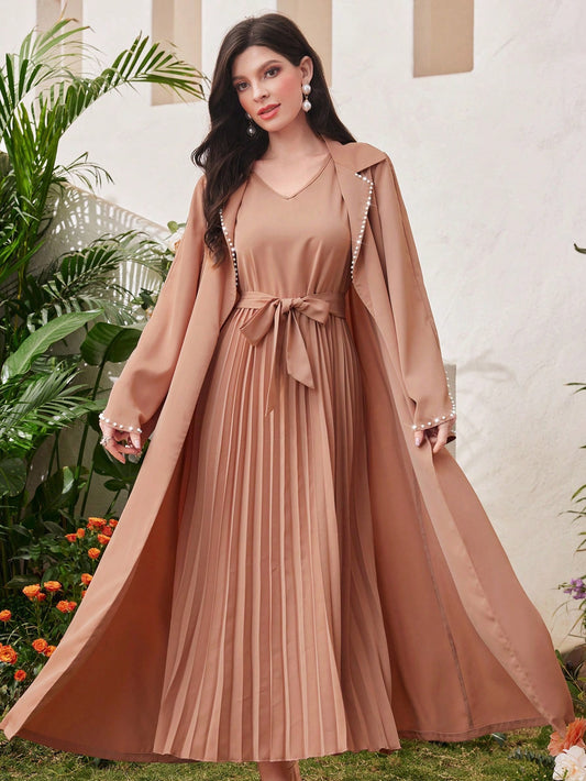 Pearl Beaded Collar Long Sleeve Jacket And Dress Two-Piece Set