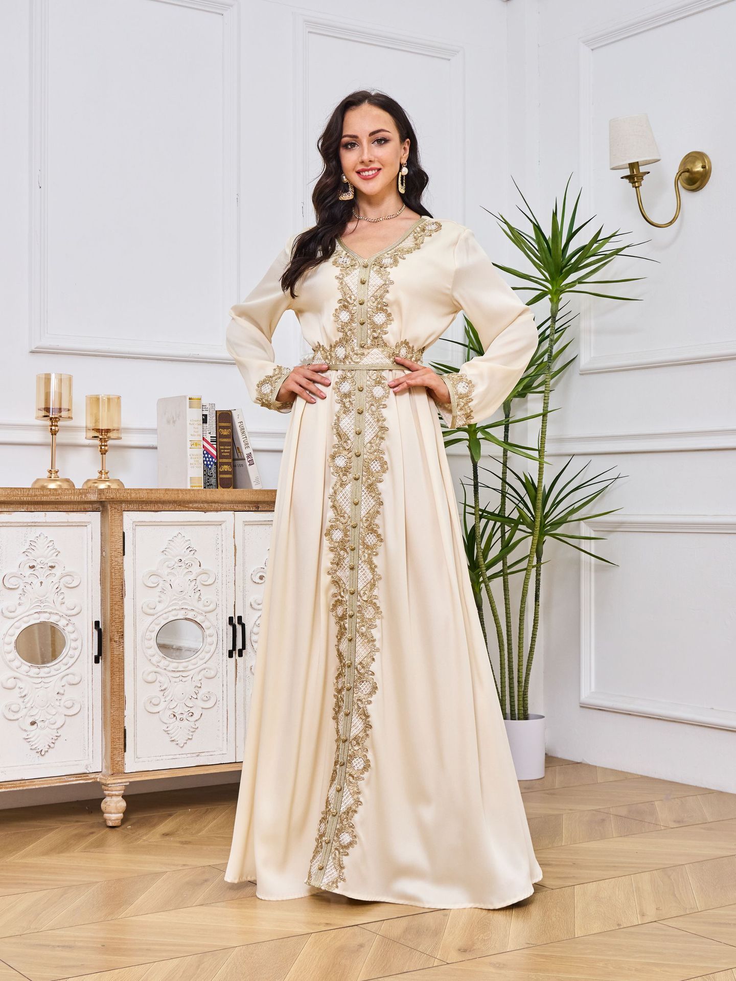 Cream Maxi Dress With Gold Embroidery