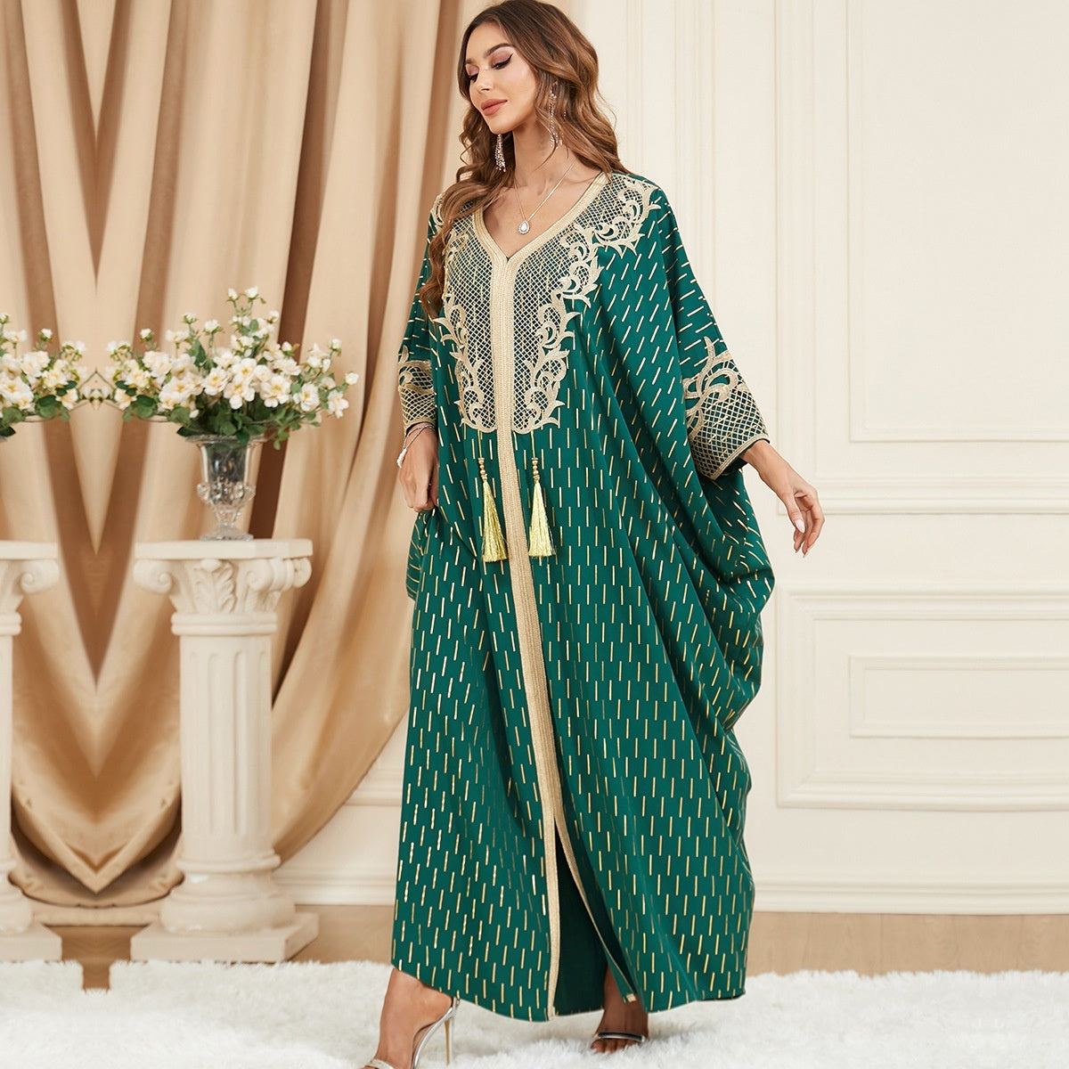 Green Maxi Dress With Gold Ebellishments