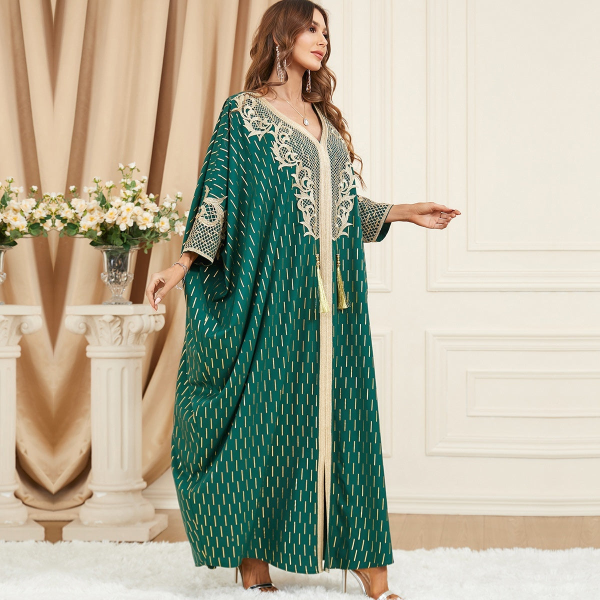 Green Maxi Dress With Gold Ebellishments