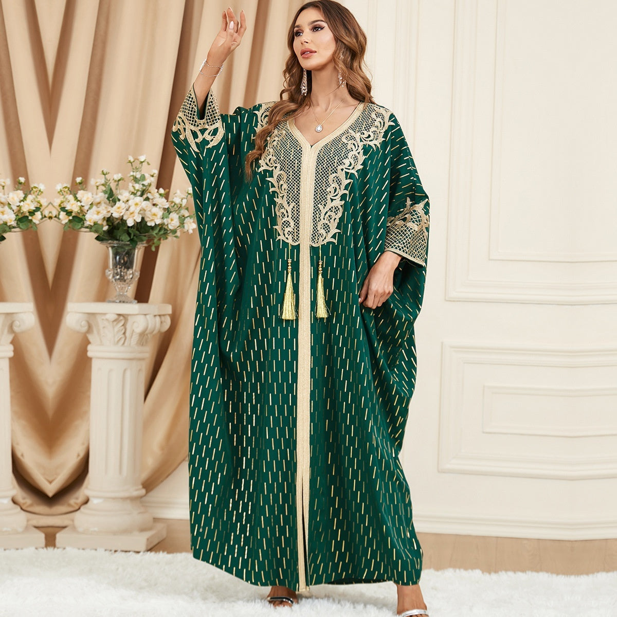 Green Maxi Dress With Gold Ebellishments