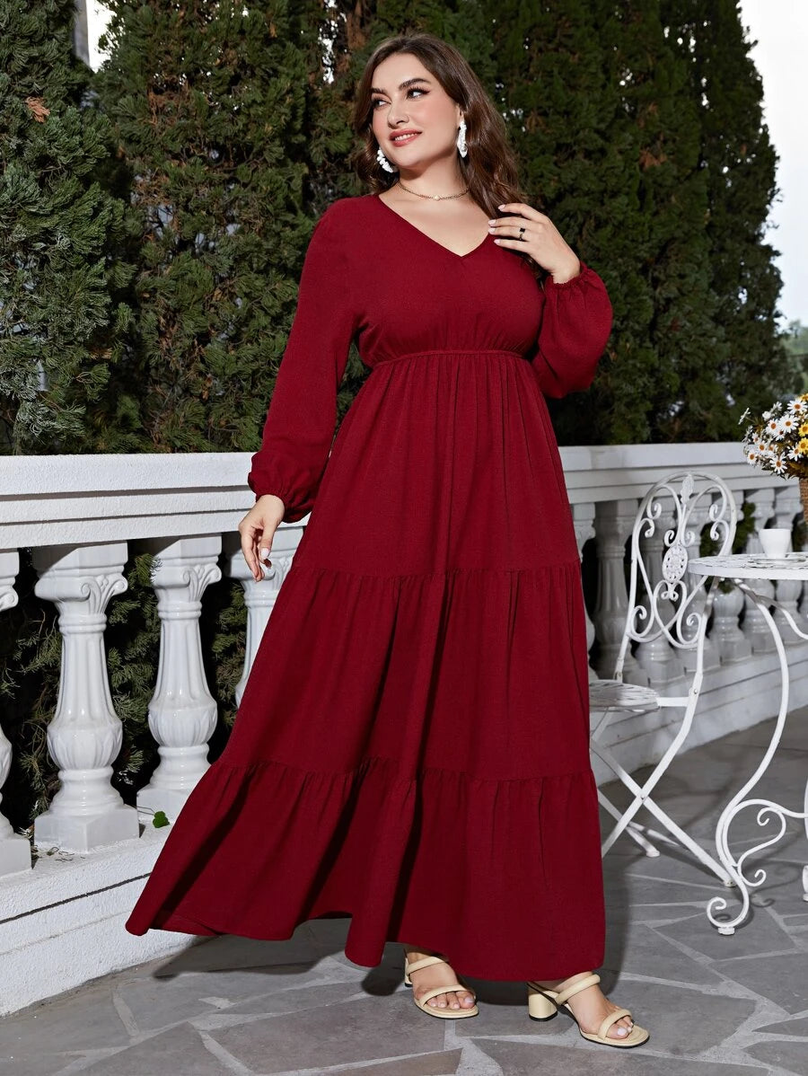 Plus V-neck Ruffle Hem Maxi A-line Dress