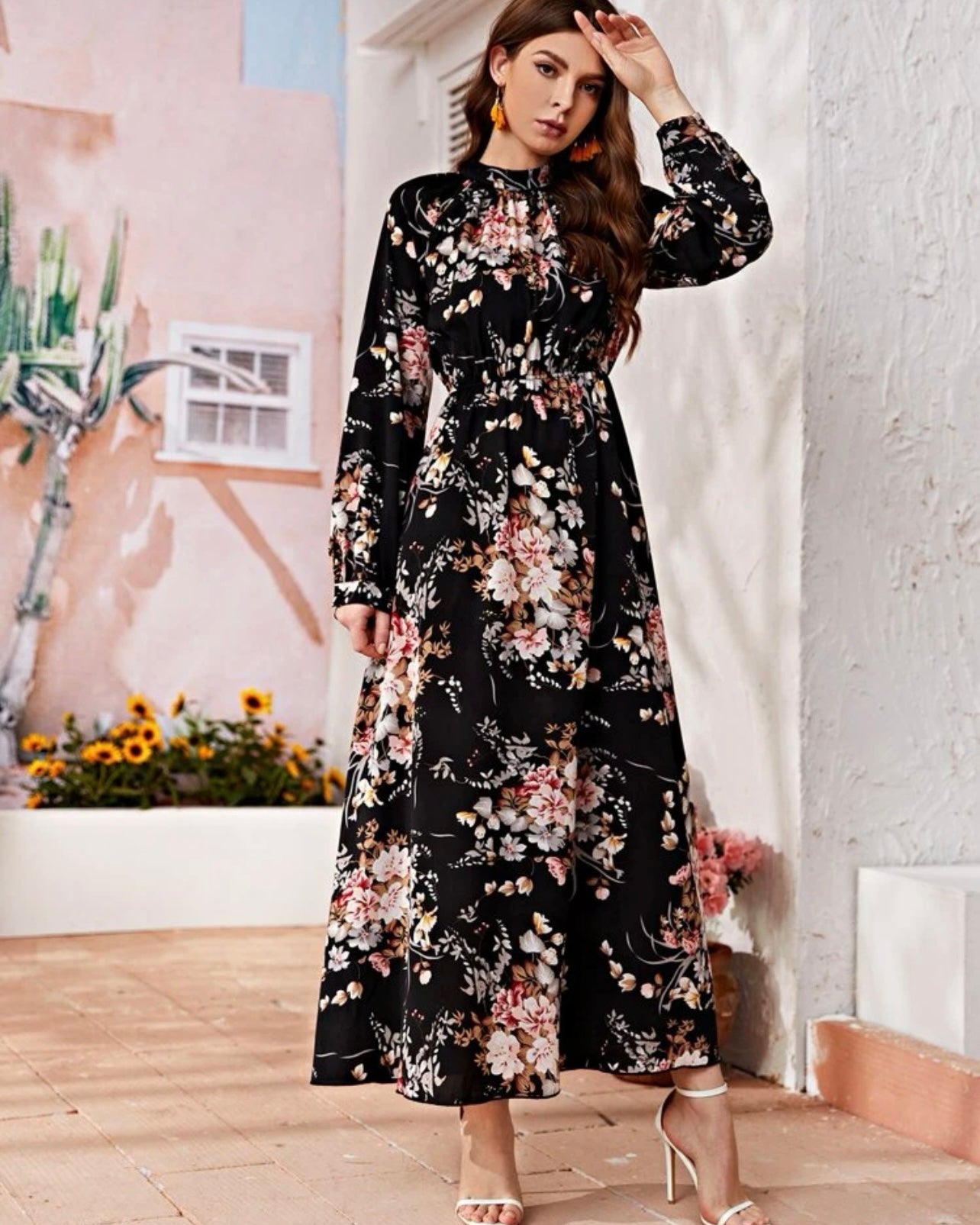 Floral Maxi Dress with Gathered Waist – Jamillah Fashion