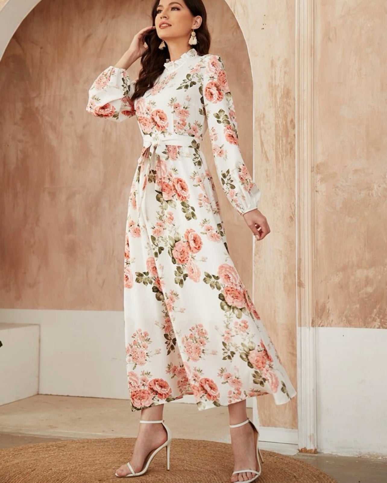Ruffle Neck Floral Print Belted A-line Dress