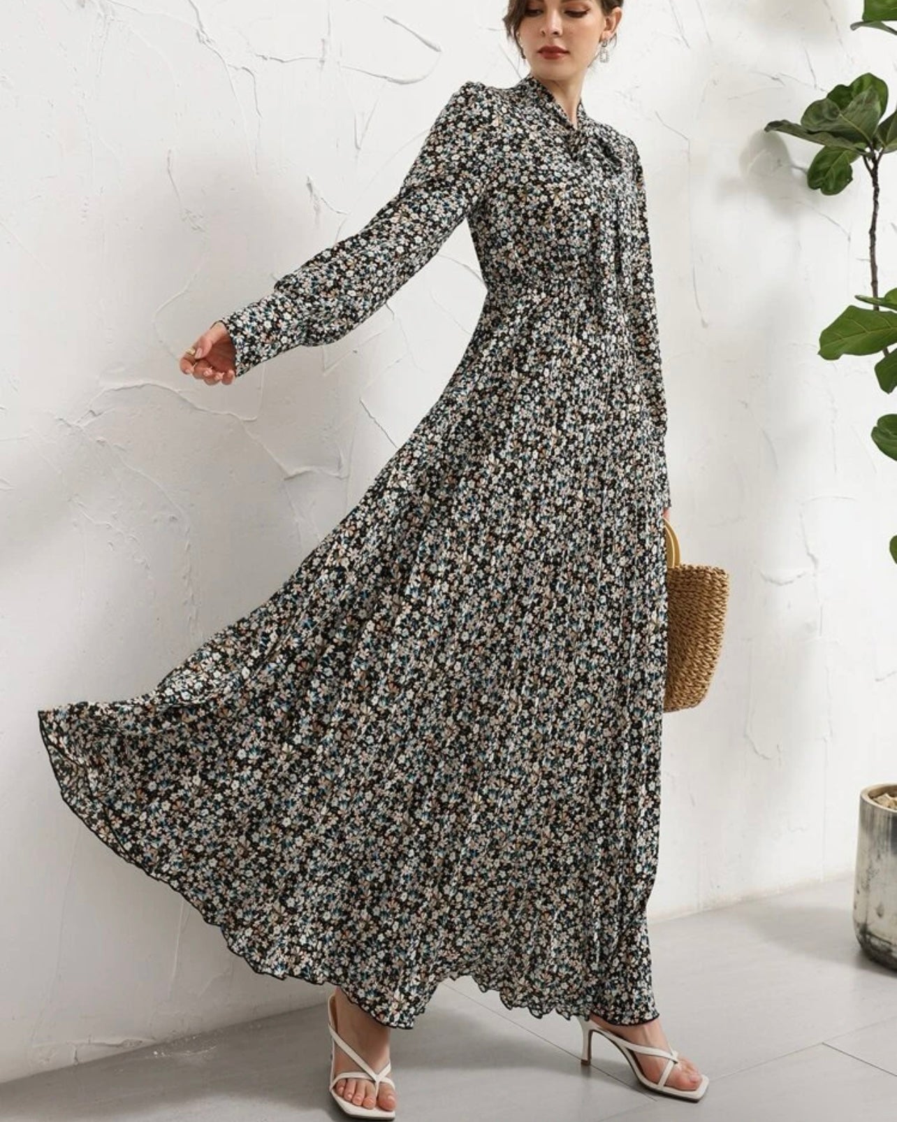 Floral Tie Neck Pleated Shirt Dress