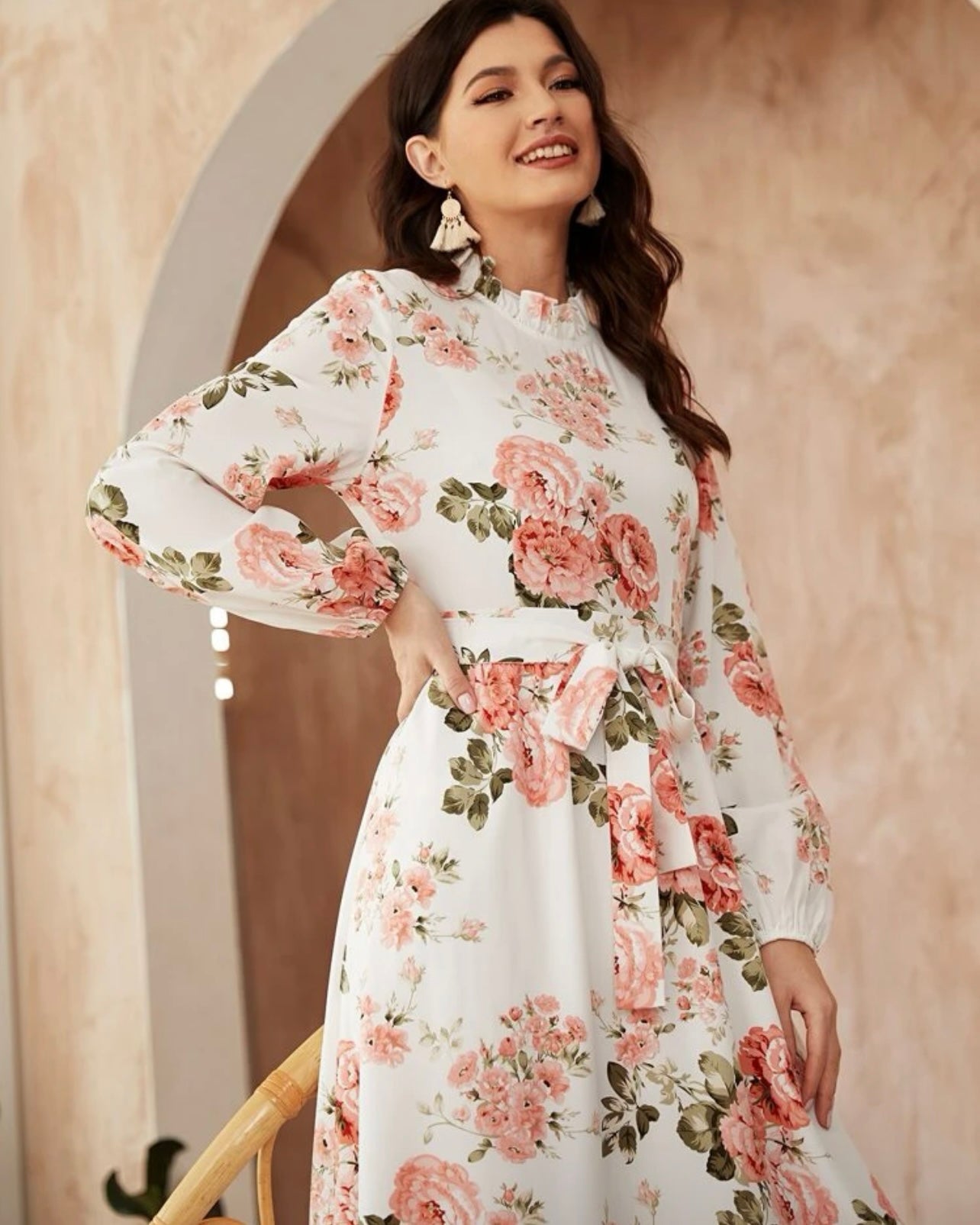 Ruffle Neck Floral Print Belted A-line Dress