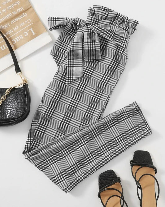 Plus Fitted Plaid Trousers With Bow Waist