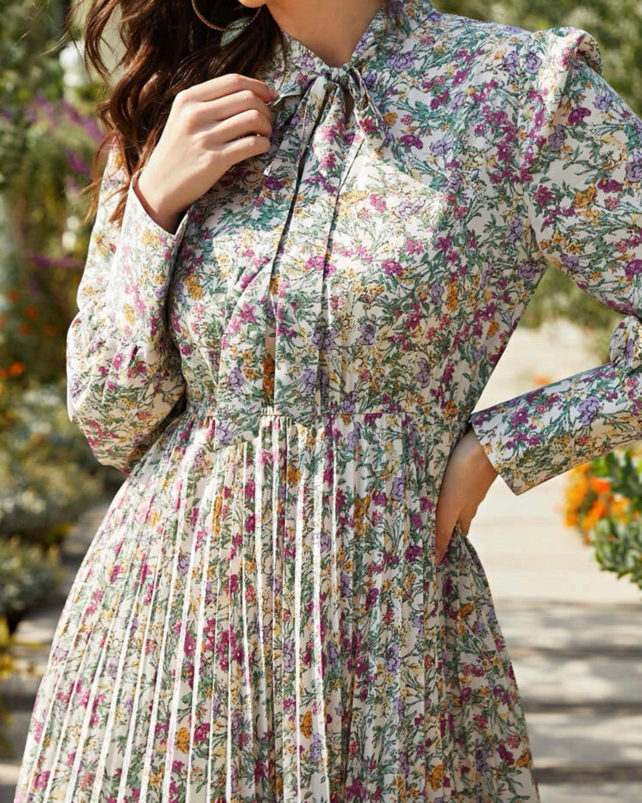 Floral Tie Neck Pleated Shirt Dress
