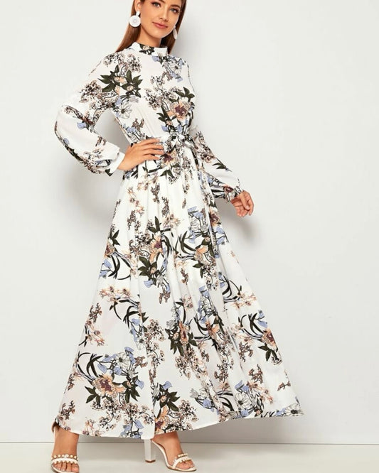 Floral Lantern Sleeved Maxi Dress with Tie Waist