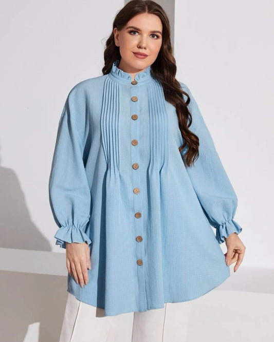 Button Front Blouse with Frill Trim